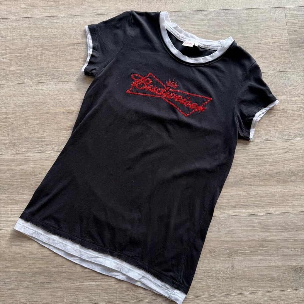 Vintage Y2K Black & Red Budweiser Rhinestone Logo Tshirt Womens XL Bling Country